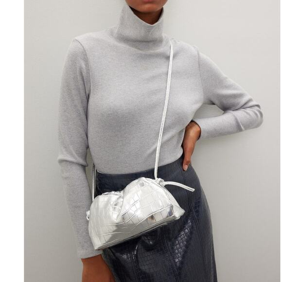 Mansur Gavriel Mini Cloud Clutch Bag Silver Metallic Leather Crossbody Strap - Picture 2 of 15